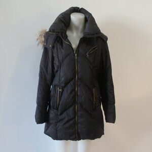 Womens Andrew Marc Black Down Coat W/Raccoon Fur Hood L